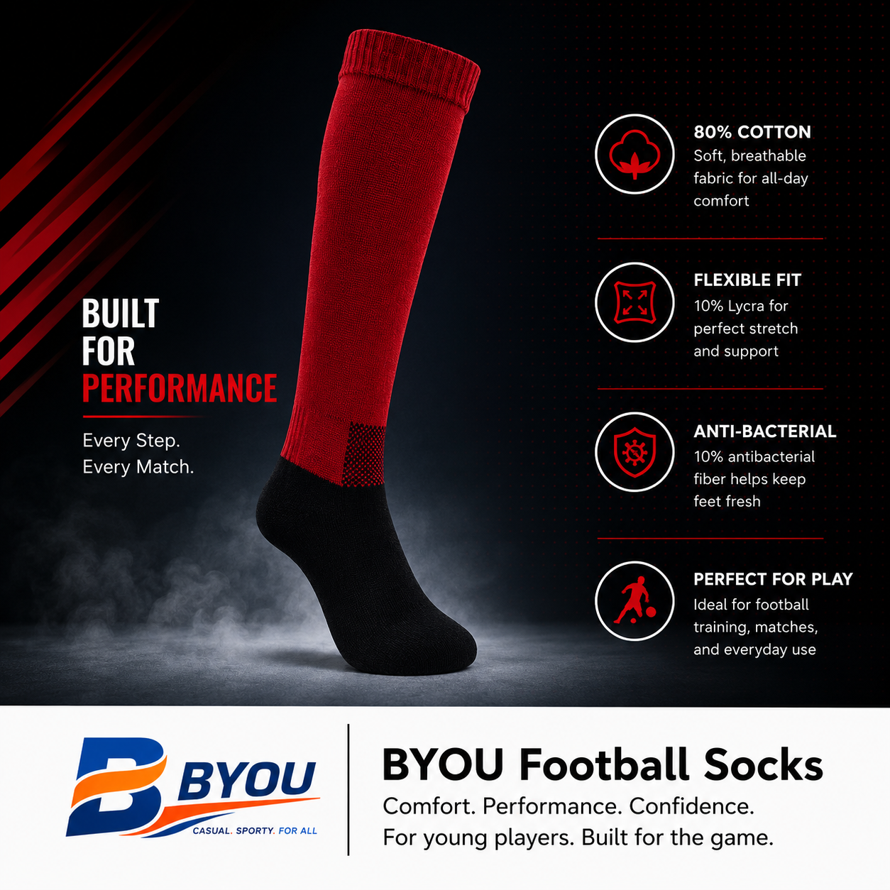 BYOU ProShield Kids Football Socks (Red)