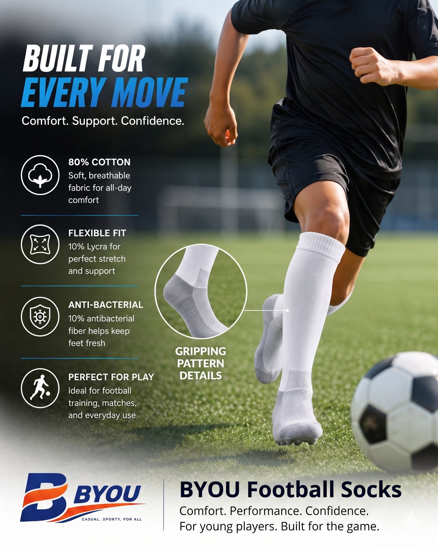 BYOU ProShield Kids Football Socks (White)