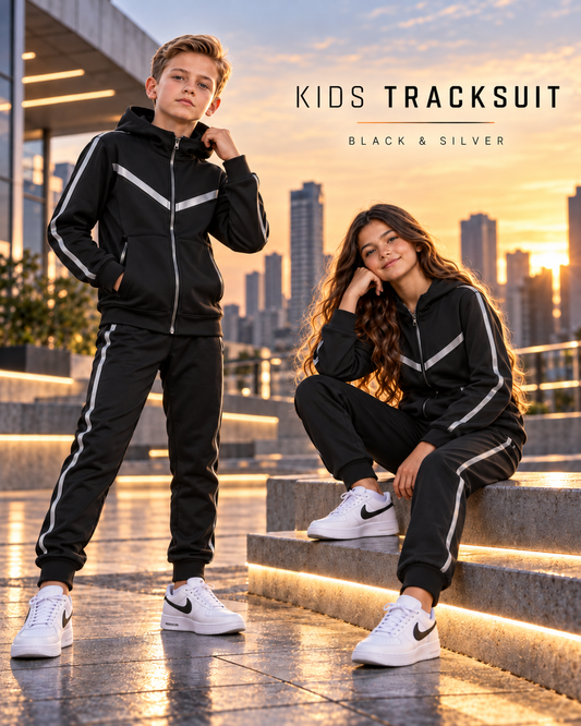 Kids Tech Performance Tracksuit – Black & Silver | Premium Edition