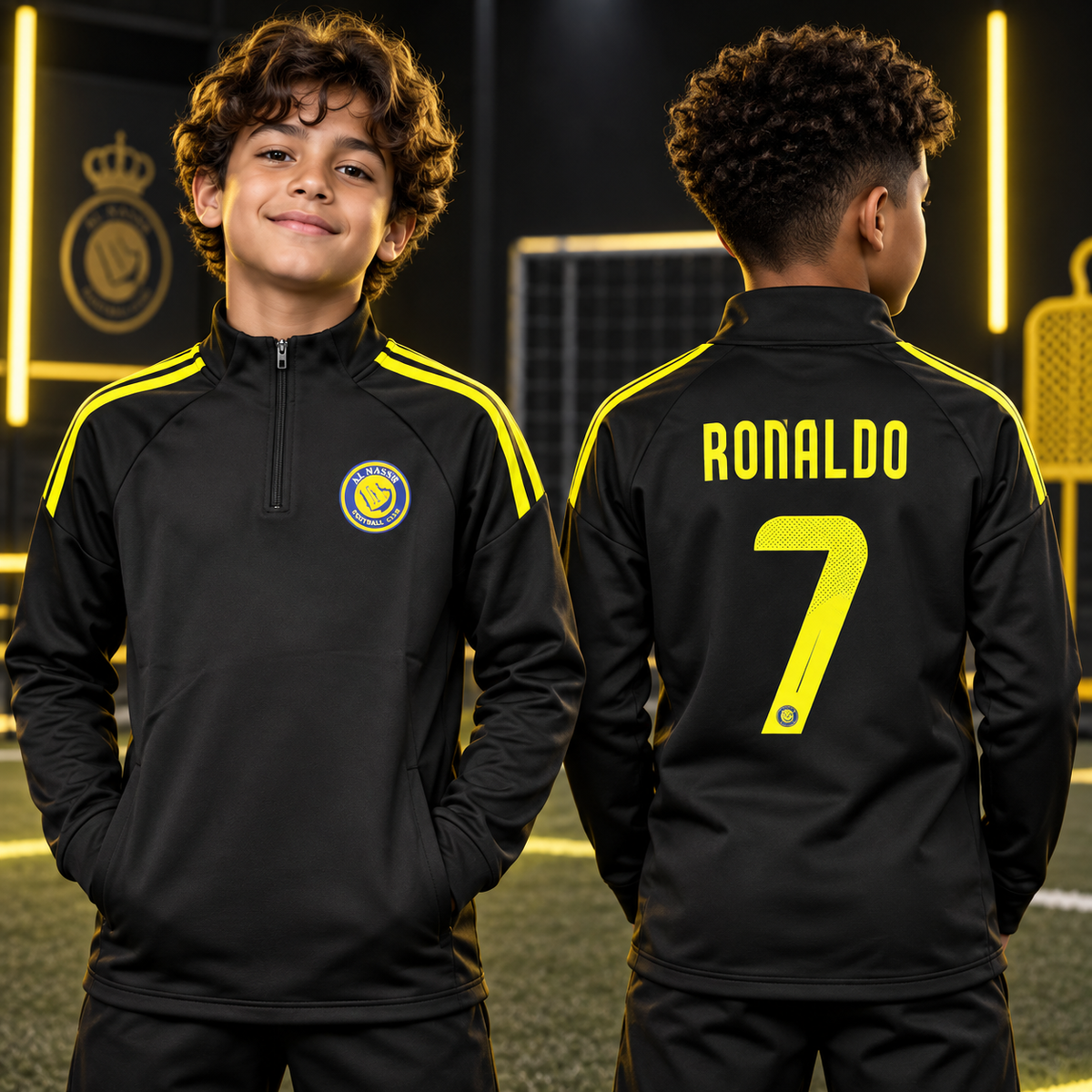 Al Nassr Ronaldo 7 kids black and yellow track jacket front and back