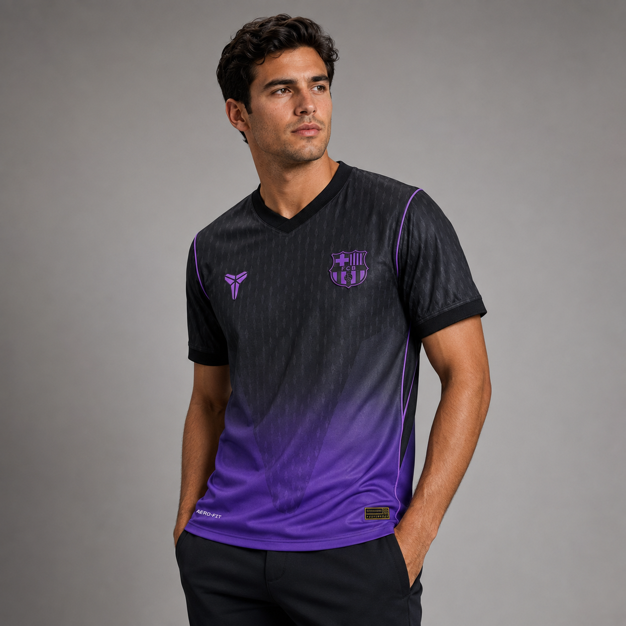 Male model wearing Barcelona 2027 away jersey