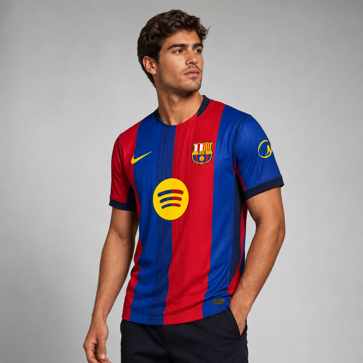 Male model wearing Barcelona 2027 home jersey