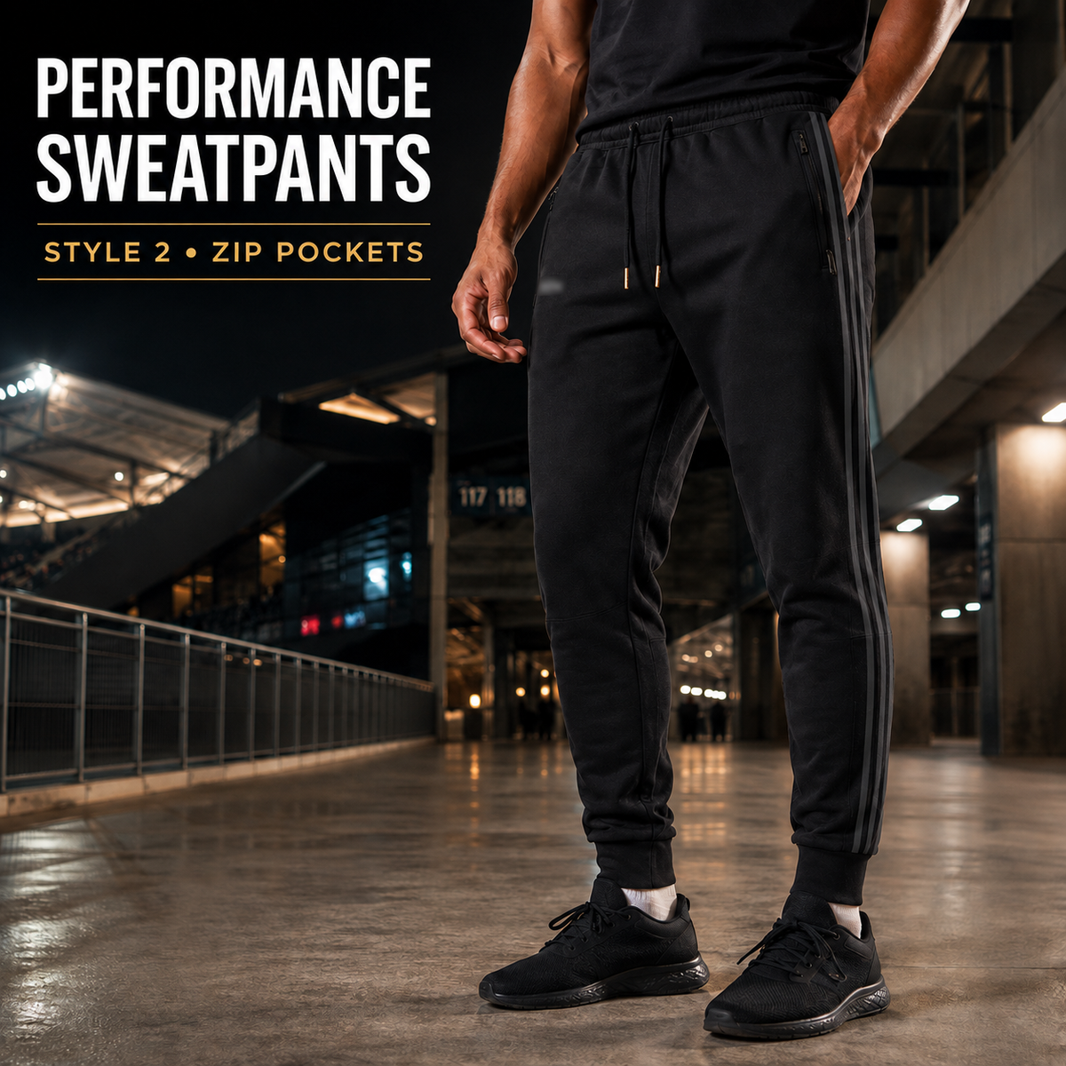 Adidas men's sweatpants style 2 with three stripes and lightly blurred badge