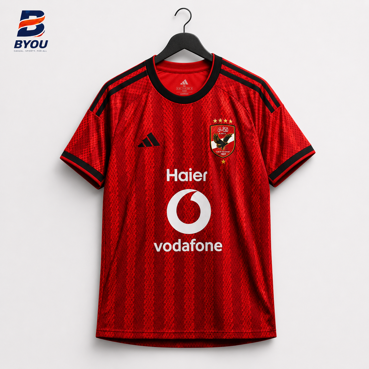 BYOU Al Ahly 2028 Home Jersey front view on hanger
