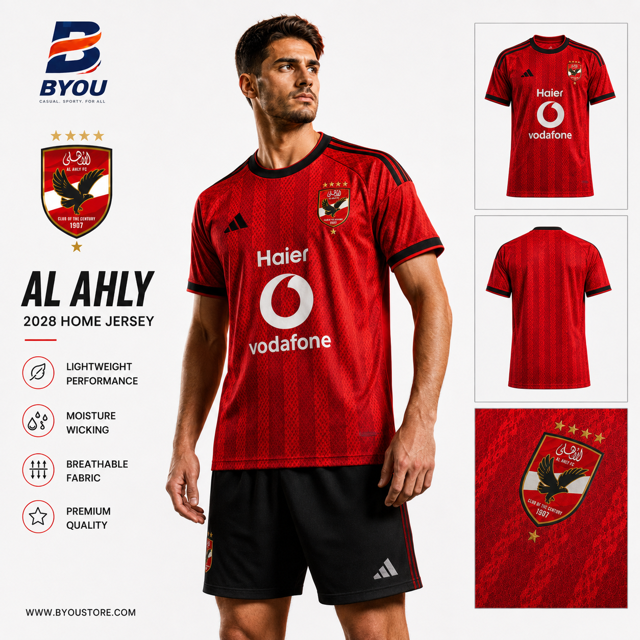 BYOU Al Ahly 2028 Home Jersey model front back and crest details