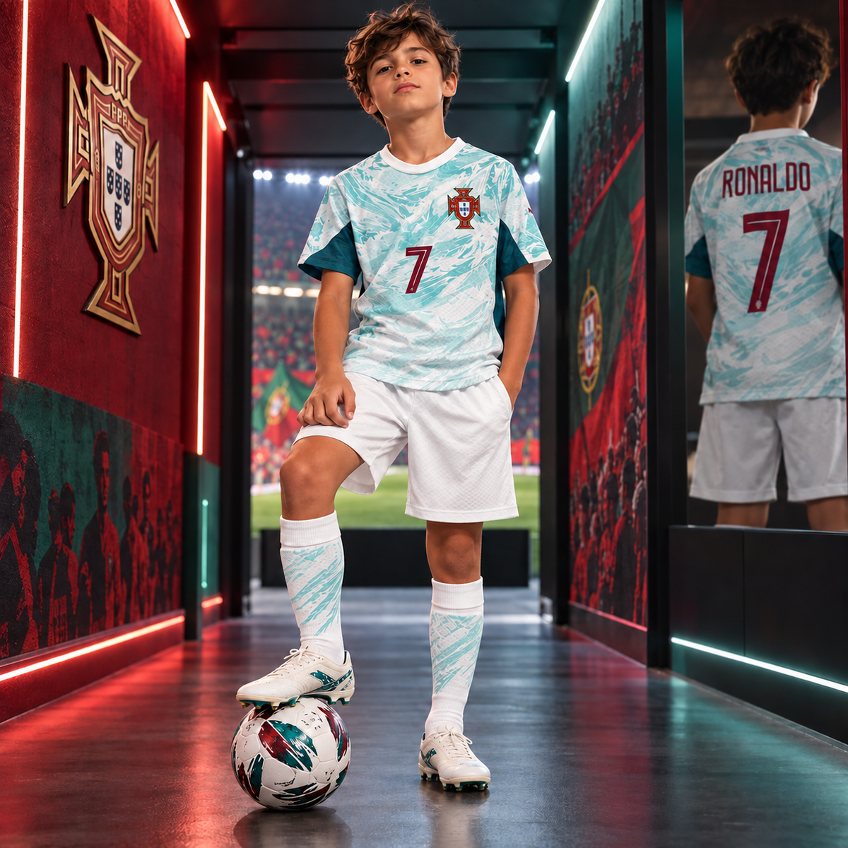 Portugal Ronaldo #7 mint and white kids football kit