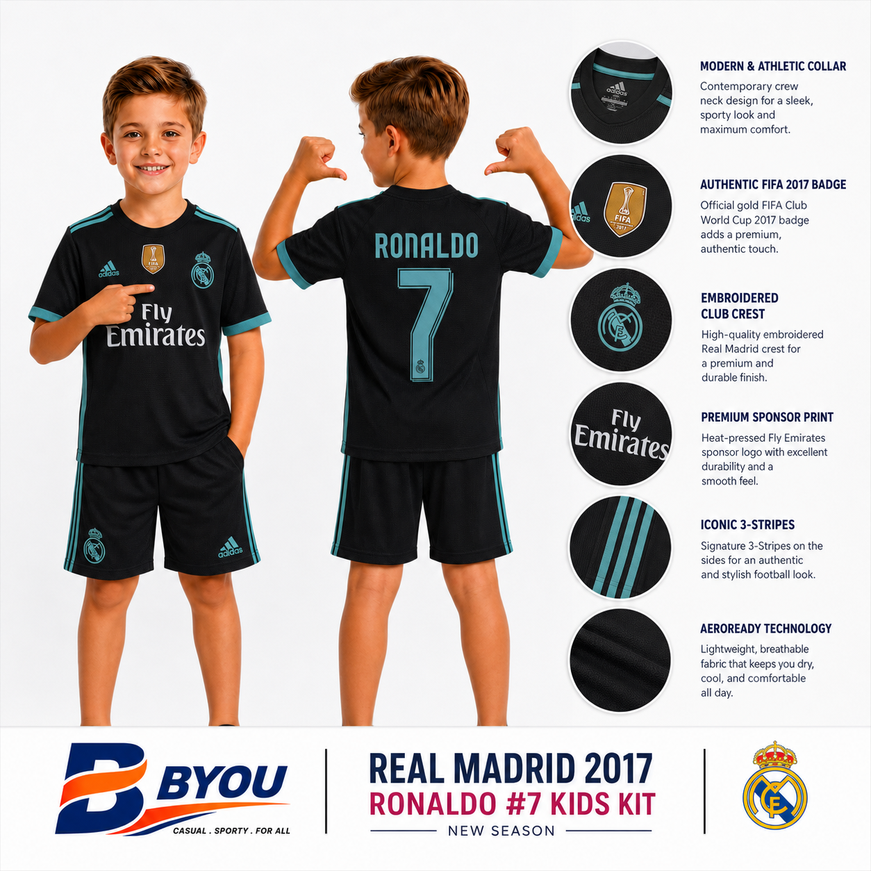 BYou Real Madrid 2017 Ronaldo 7 kids kit front and back