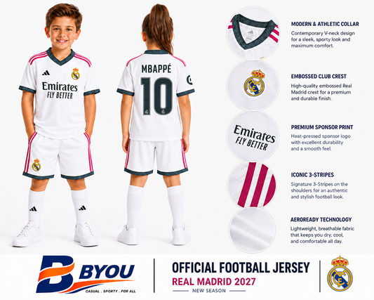 BYOU Real Madrid 2027 kids kit front and back with Mbappé 10