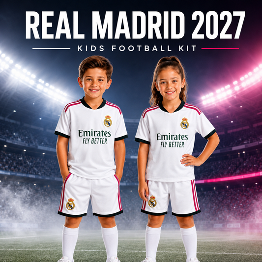 Real Madrid 2027 kids football kit with Emirates Fly Better sponsor