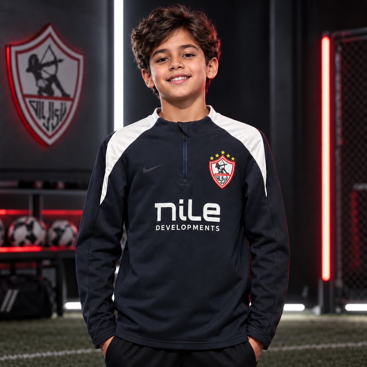 Zamalek kids navy and white track jacket with subtly obscured manufacturer logo